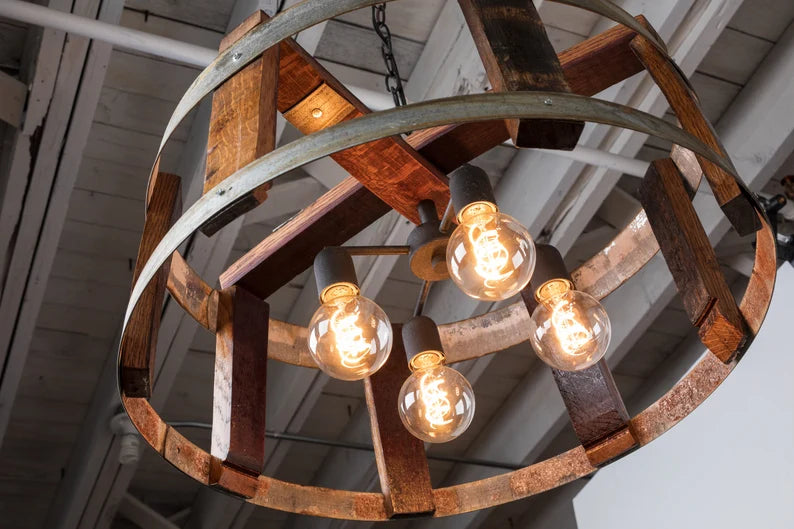 Rustic Chandelier - Wine Barrel Lighting made from reclaimed California barrels. 4 Bulb Fixture. 100% Upcycled and Free Shipping